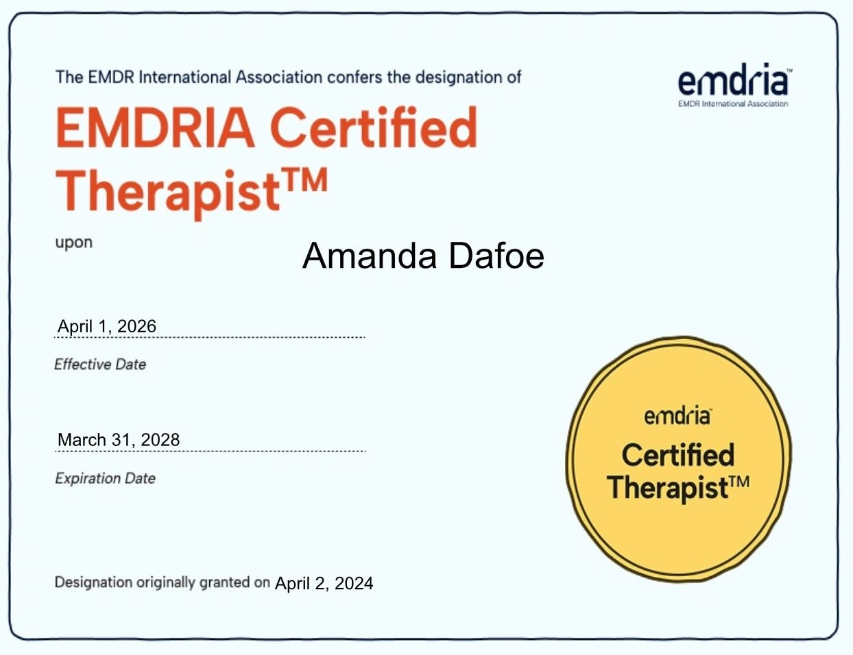EMDRIA Certified Therapist certificate for Amanda Dafoe